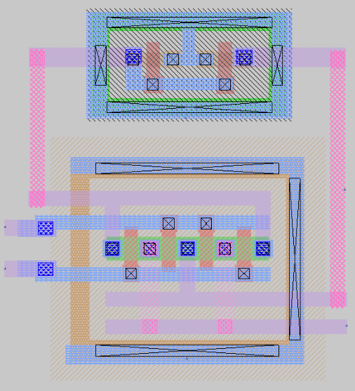 5T-OTA layout, manually done in MagicVLSI.