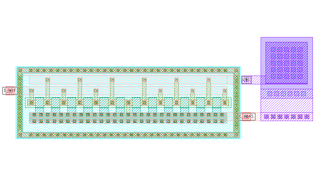 Layout of a NMOS current mirror generated by our custom gLayout generator. The parameters are $L=$, $W_{mir}=7.5um$, $W_{ref}=1.5um$. The layout interdigitation scheme is $_D(M_S M_D)^4 (M_S R_D R_S M_D) (M_S M_D)^4$