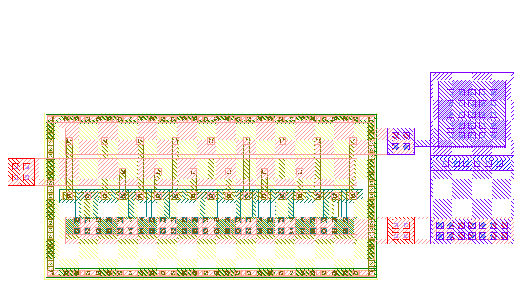 Layout of an PMOS current mirror generated by our custom gLayout generator. The parameters are $L=0.4um$, $W_{mir}=6.0um$, $W_{ref}=2.0um$. The layout interdigitation scheme is $S(R_D R_S)^2 (M_D M_S)^6 (R_D R_S)^2$, with finger width of $W{finger}=0.5um$